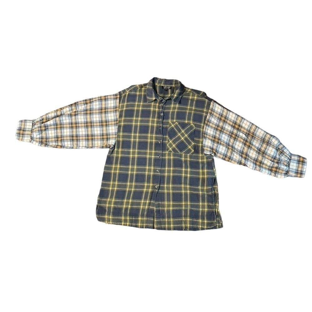 TopShop Women’s Mixed Plaid Light Weight Button Down Flannel Yellow Beige Size 4